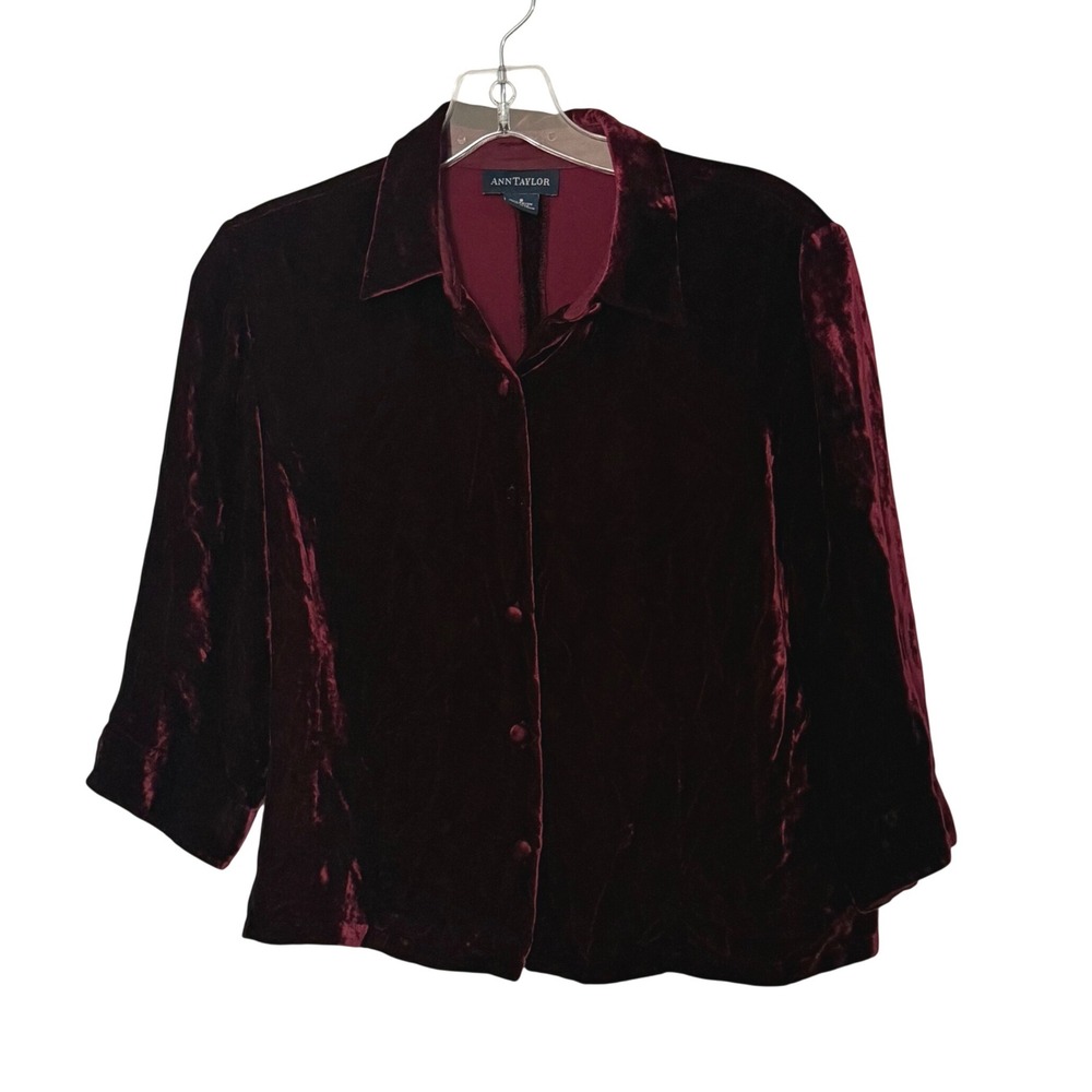 Vintage Ann Taylor Velvet Button Down Shirt Burgundy Silk Blend 90s Witchy - 8